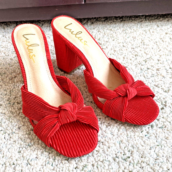 Lulus Red Pleated Satin High Heel Slides Dressy Slip On Sandals 8M Elegant Sexy - Picture 1 of 11